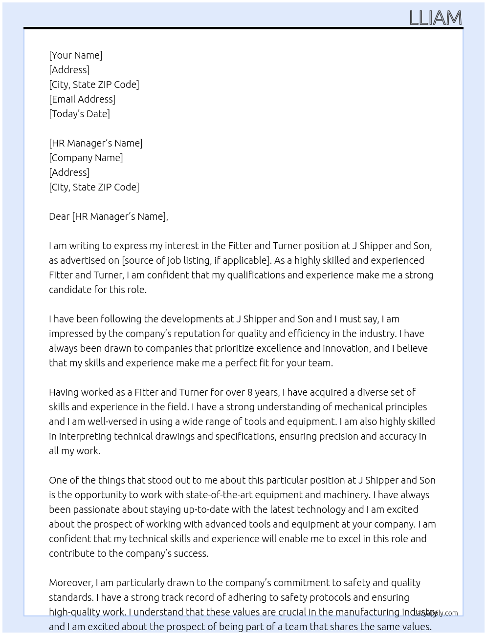 Fitter and Turner At J shipper and son Cover Letter