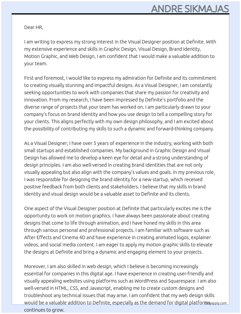 Visual Designer At Definite Cover Letter