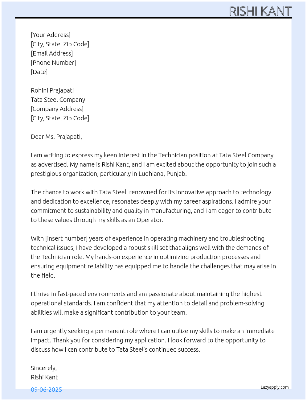 Technician At Tata steel company Cover Letter