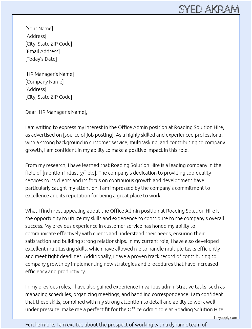 Office admin At Roading solution hire Cover Letter