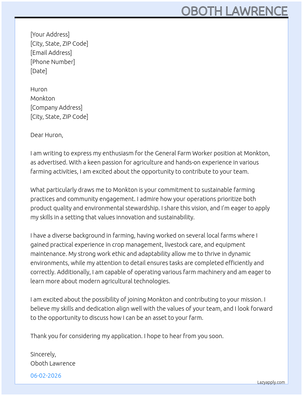 General Farm Worker At Monkton Cover Letter