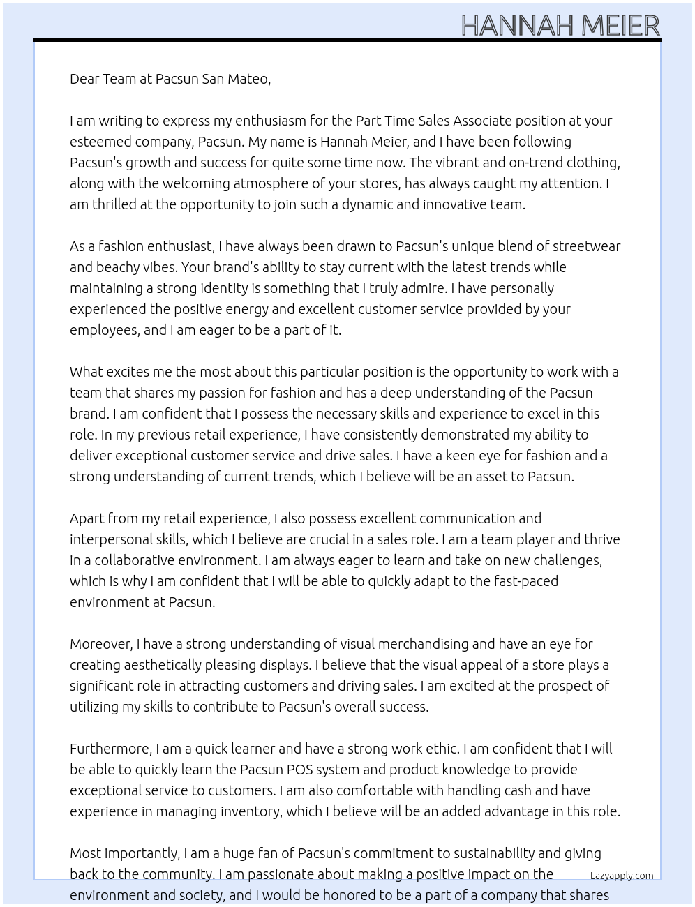 Part Time Sales Associate At Pacsun Cover Letter
