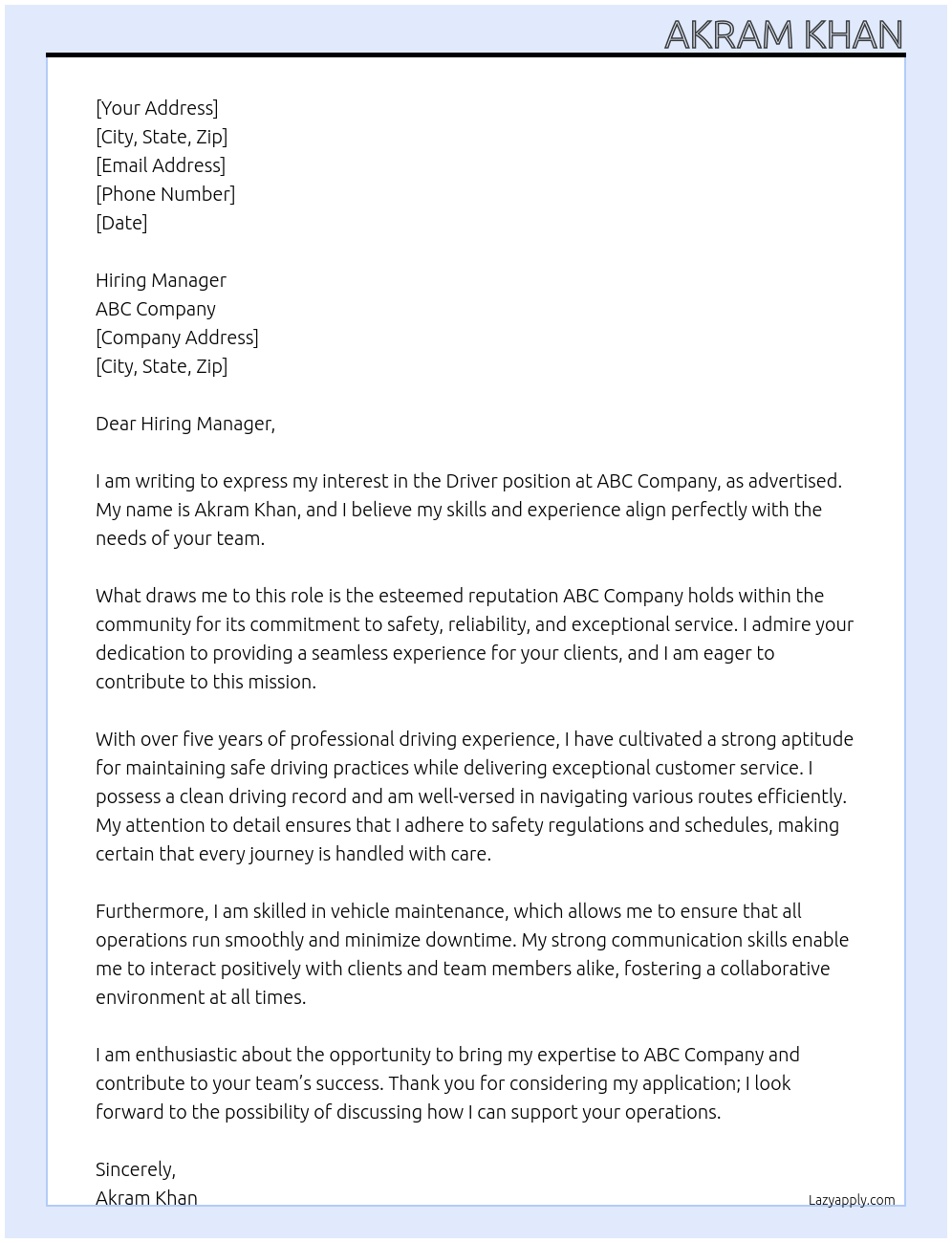 Driver At abc Cover Letter