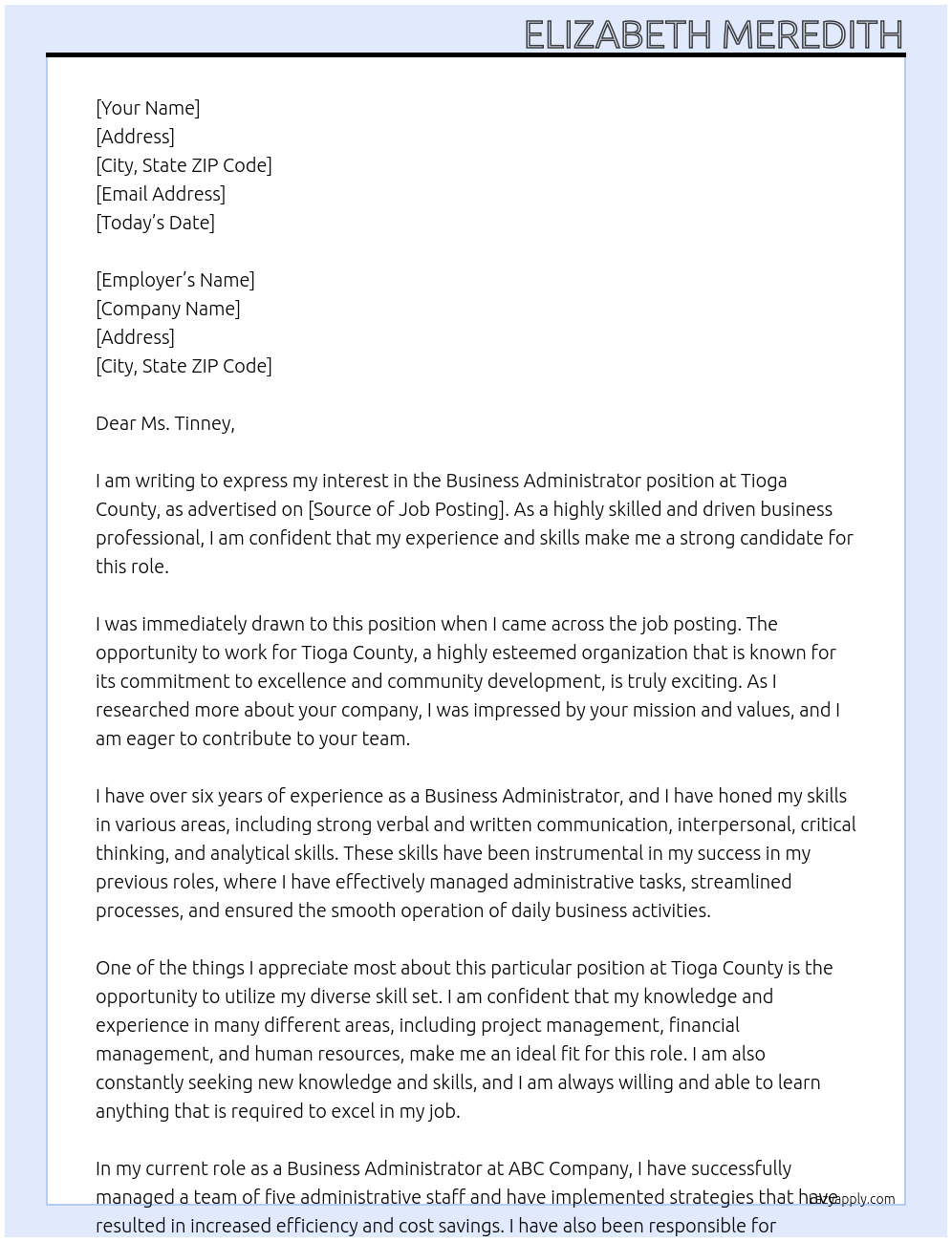 Business Administrator At Tioga County Cover Letter