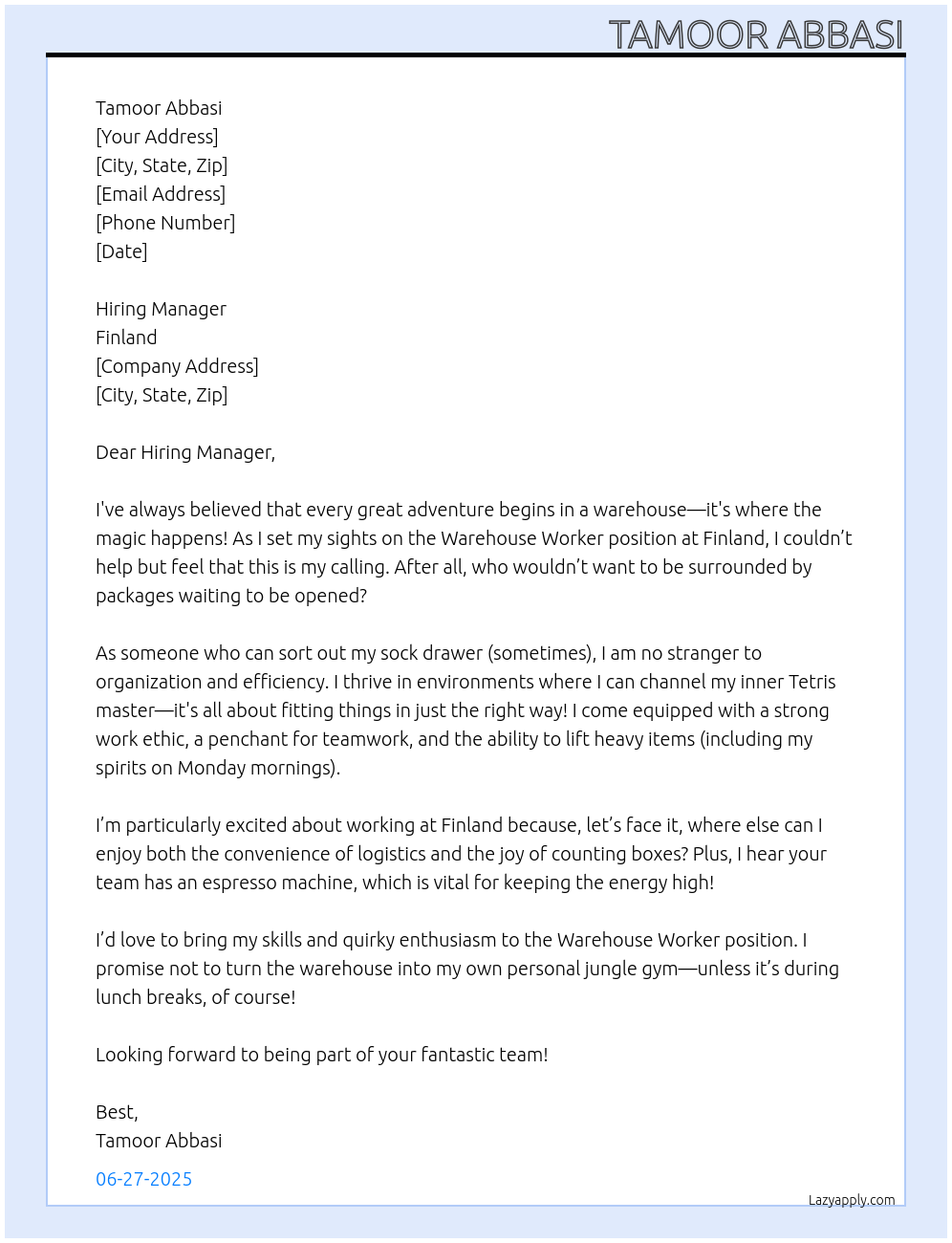 Warehouse Worker At Finland Cover Letter