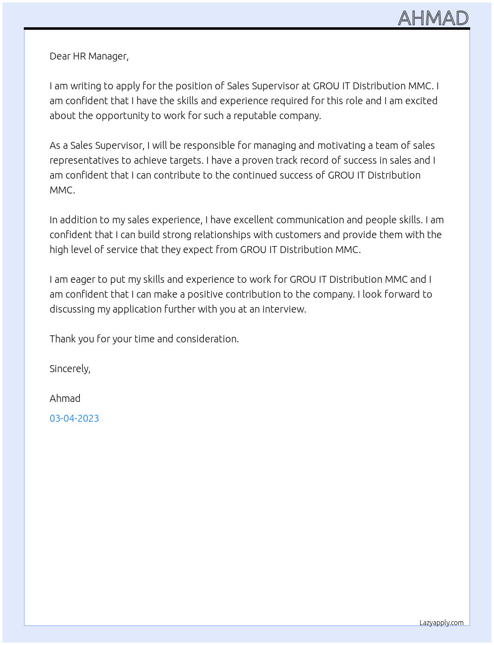 Sales Supervisor At “GROU IT DISTRIBUTION” MMC Cover Letter