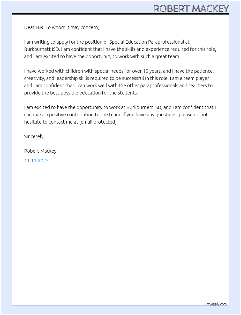 Special education paraprofessional  At Burkburnett ISD Cover Letter