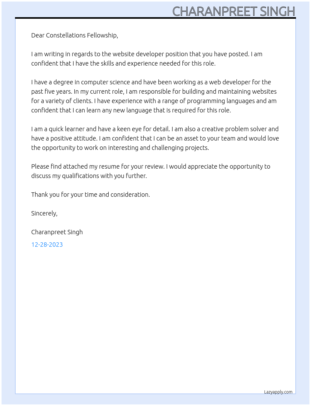 Website Developer At Constellations Fellowship Cover Letter