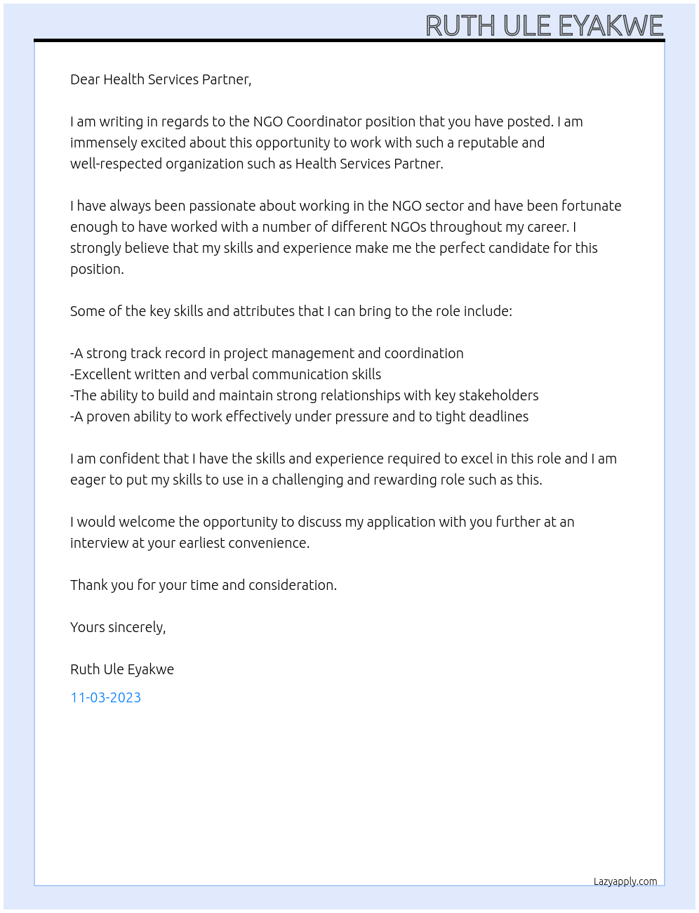 Cover letter for ngo coordinator - LazyApply