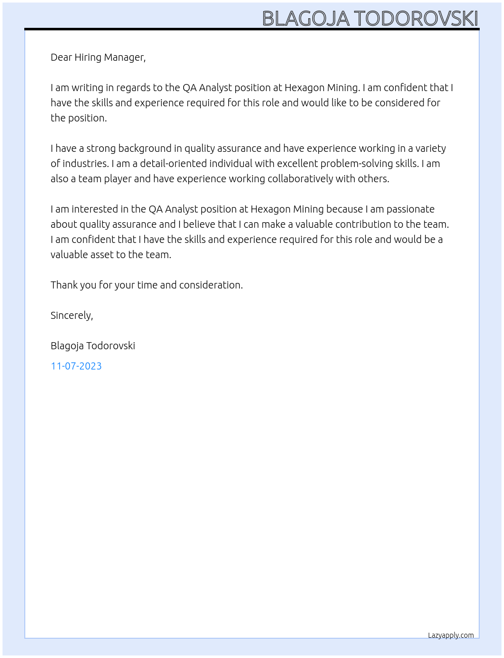 QA Analyst At Hexagon Mining Cover Letter