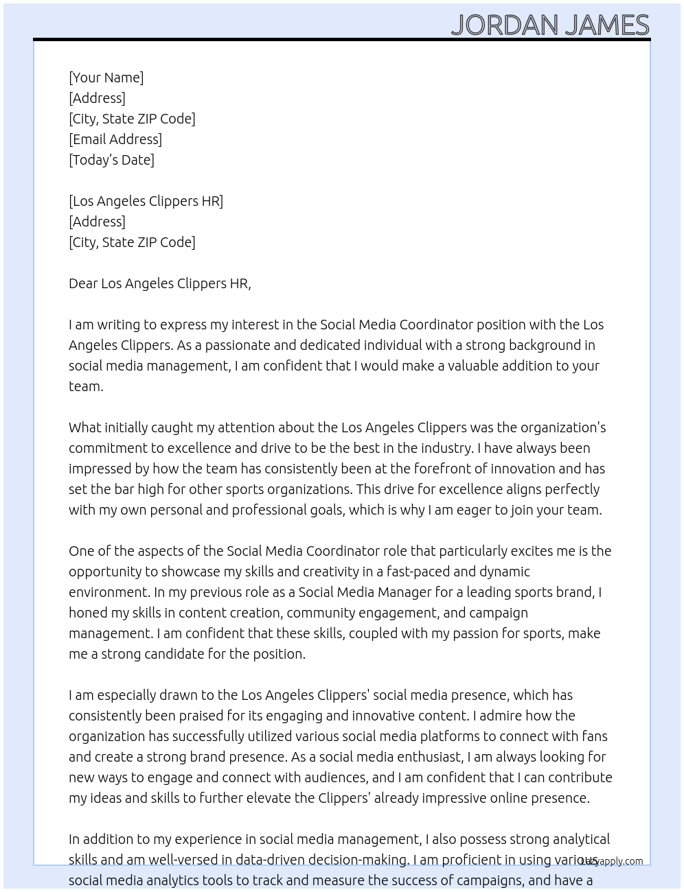 Social Media Coordinator At Los Angeles Clippers Cover Letter