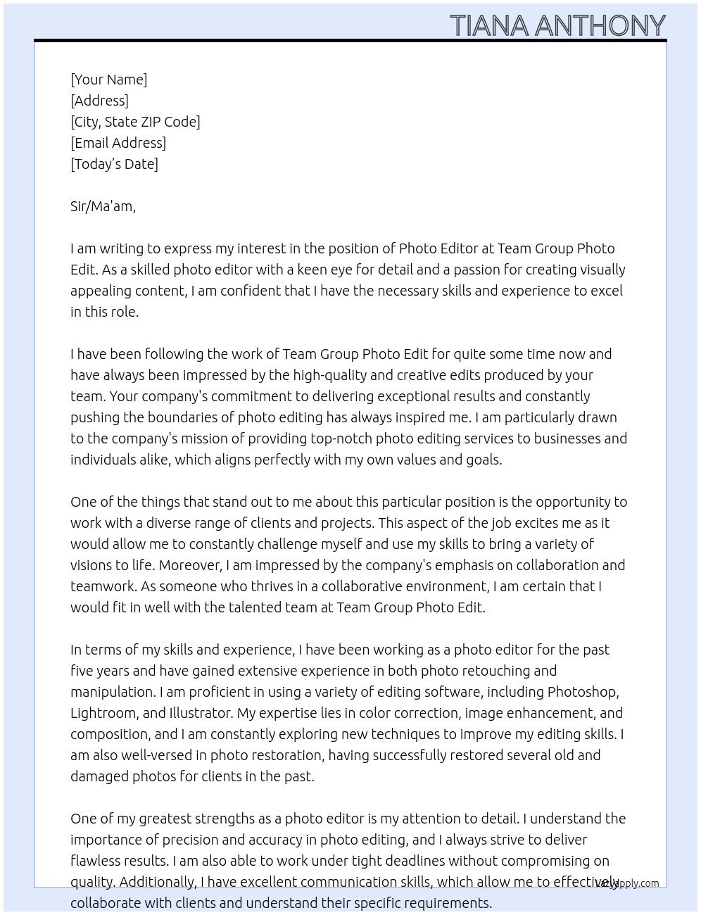 Photo editor At team group photo edit Cover Letter