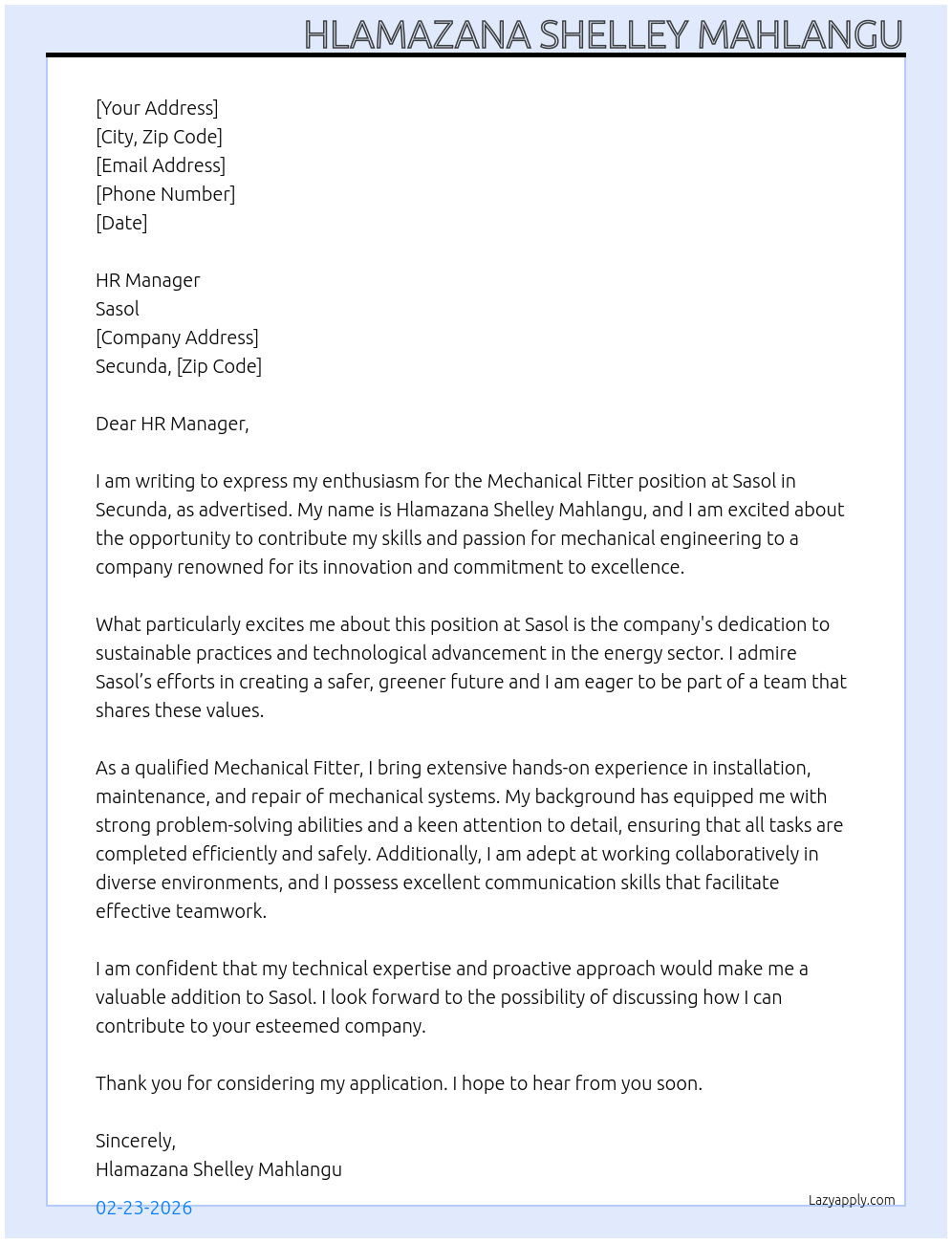 Cover letter for Mechanical fitter - LazyApply