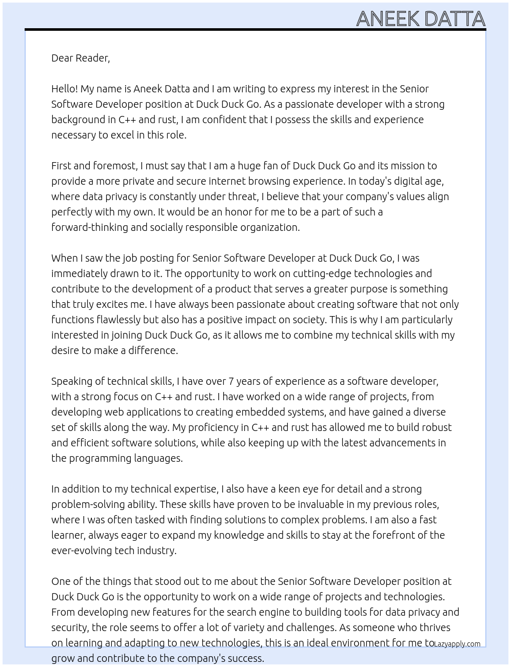 Senior Software Developer At Duck Duck Go Cover Letter