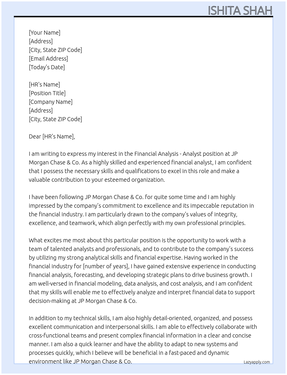 Financial Analysis - Analyst At JP Morgan Chase & Co. Cover Letter