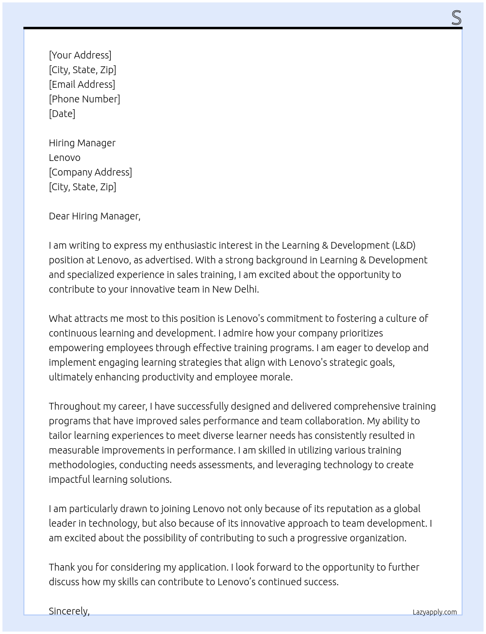 L&D  At Lenovo Cover Letter