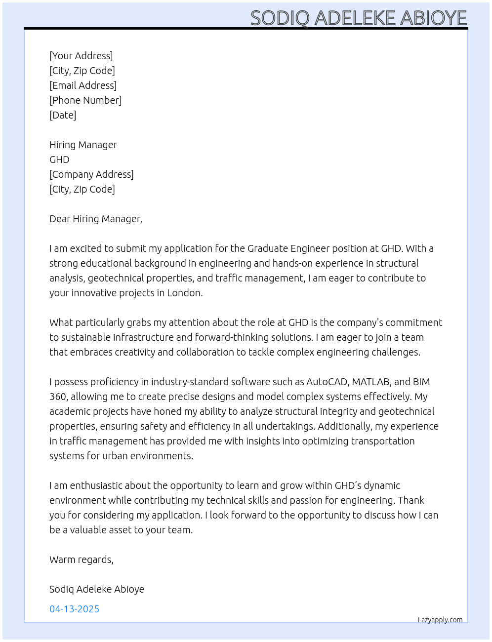 Cover letter for graduate engineer - LazyApply
