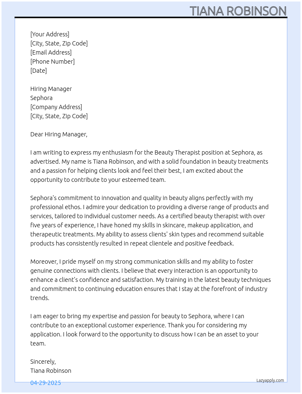 Beauty Therapist At Sephora Cover Letter