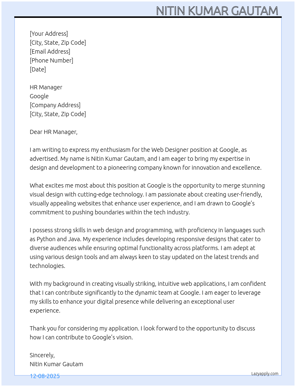 Web designer At Google Cover Letter