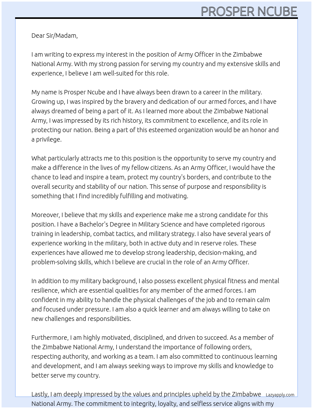army At zimbabwe  national army Cover Letter
