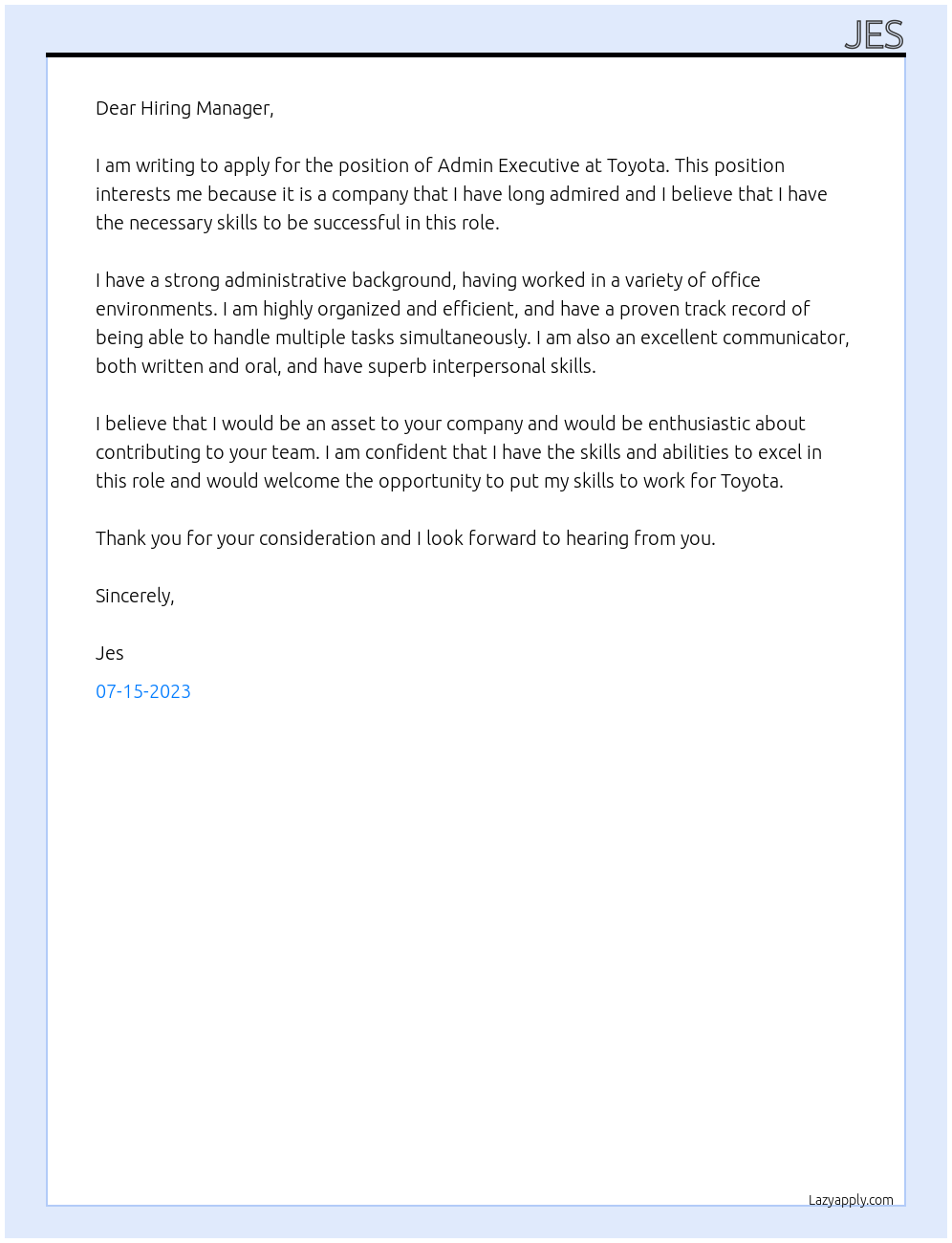 Admin Executive At Toyota Cover Letter