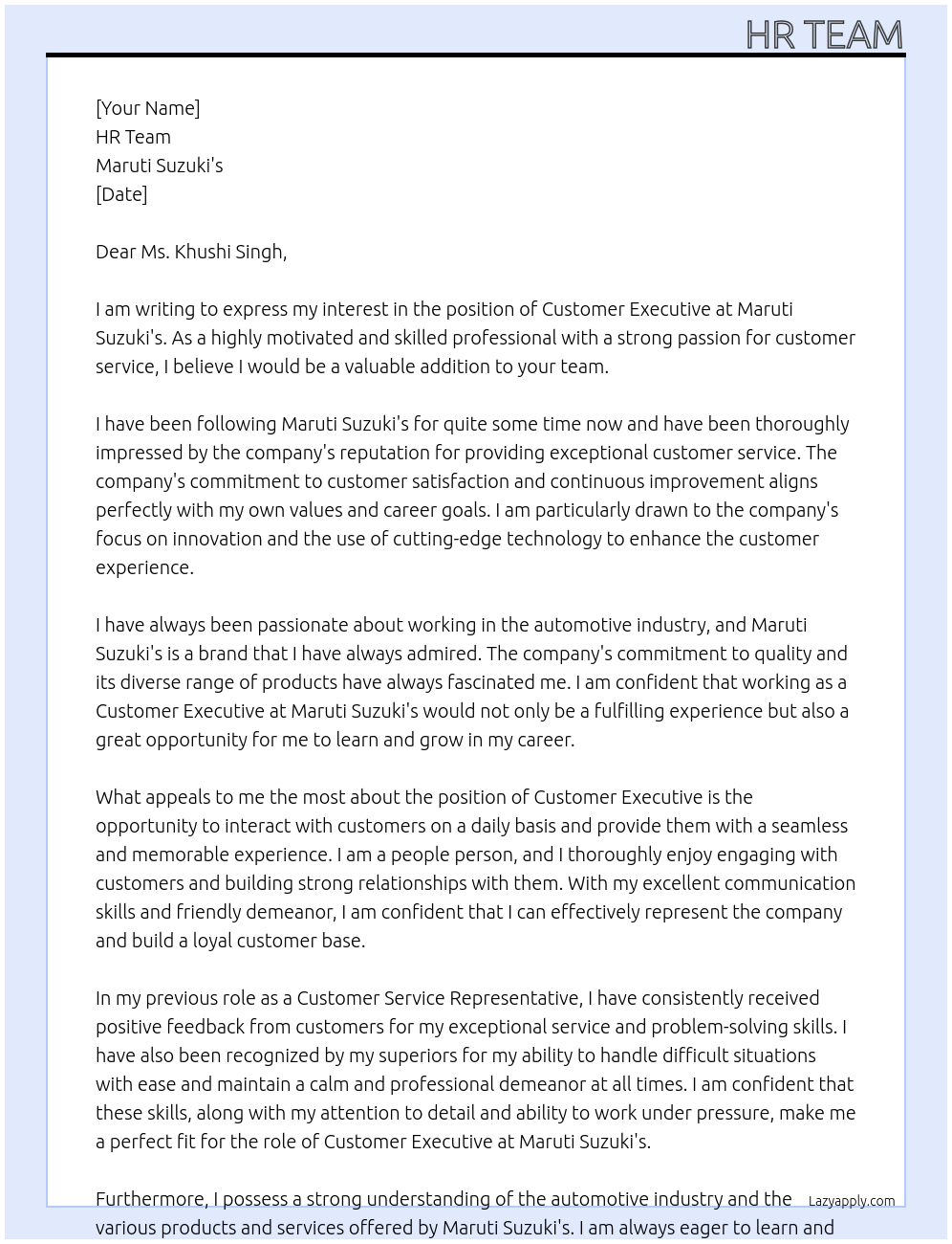 Customer Executive At Maruti Suzuki's Cover Letter