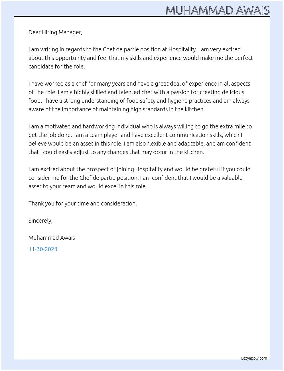 Chef de partie At Hospitality Cover Letter