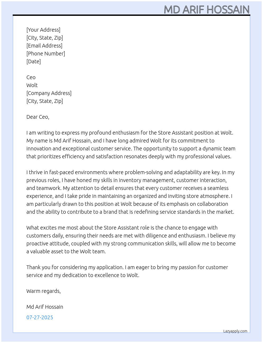 Store Assistant At Wolt Cover Letter