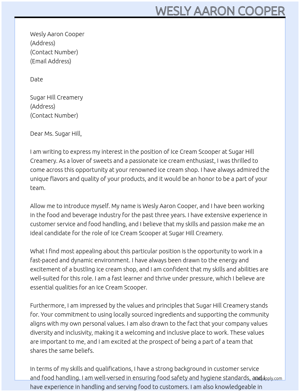 Ice Cream Scooper At Sugar Hill Creamery Cover Letter