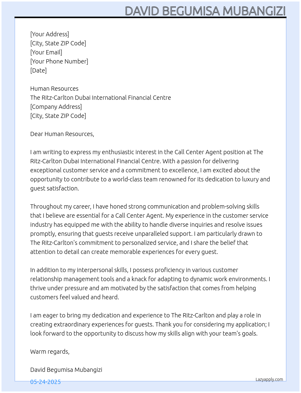Call Center Agent At The Ritz-Carlton Dubai International Financial Centre Cover Letter
