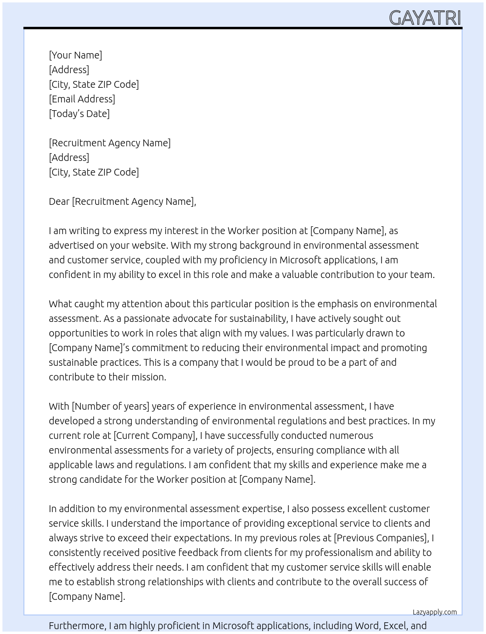 WOrker At the recruitment group Cover Letter