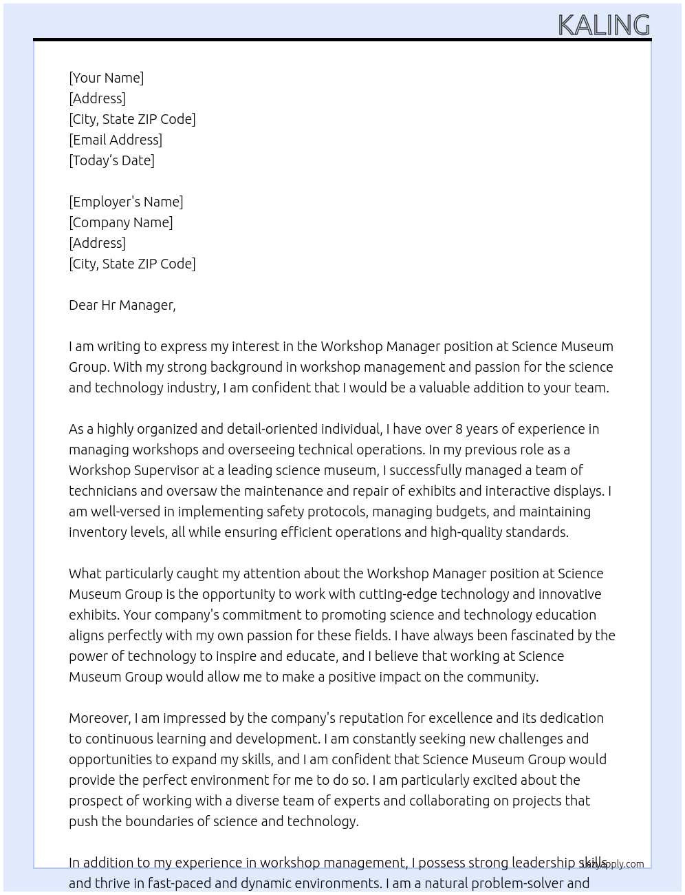 Workshop Manager At Science Museum Group Cover Letter