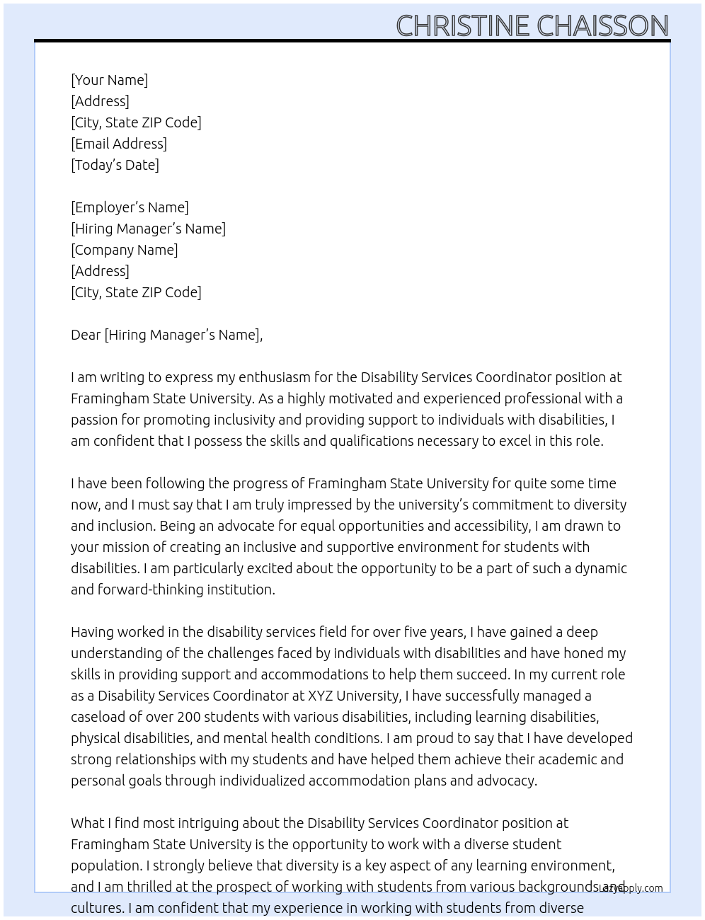 Disability Services Coordinator At Framingham State University Cover Letter