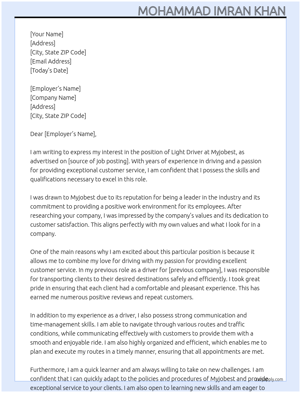 Light driver At Myjobest Cover Letter
