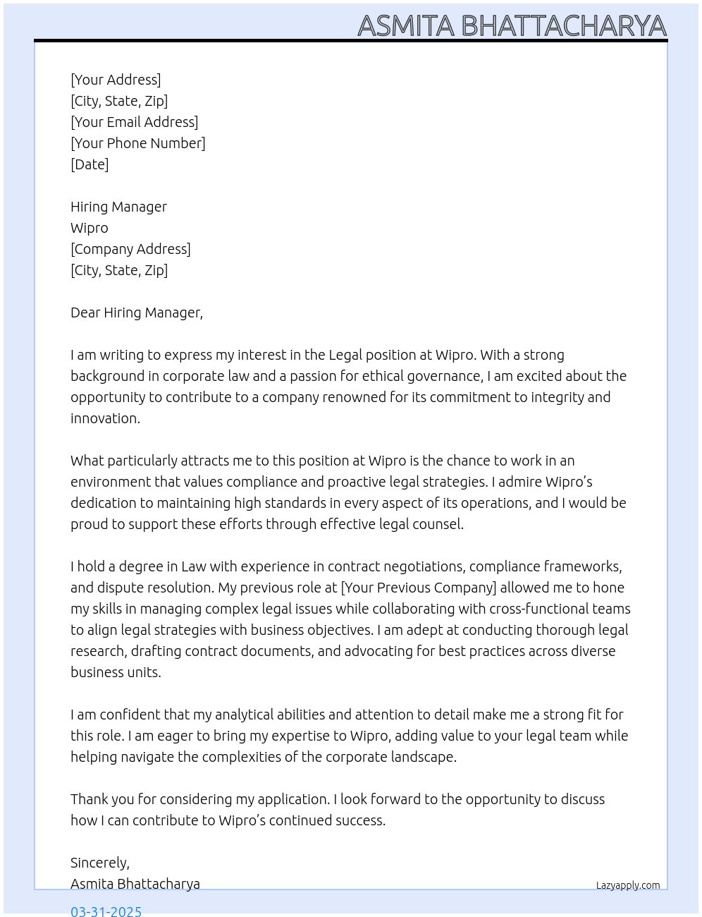 legal At Wipro Cover Letter