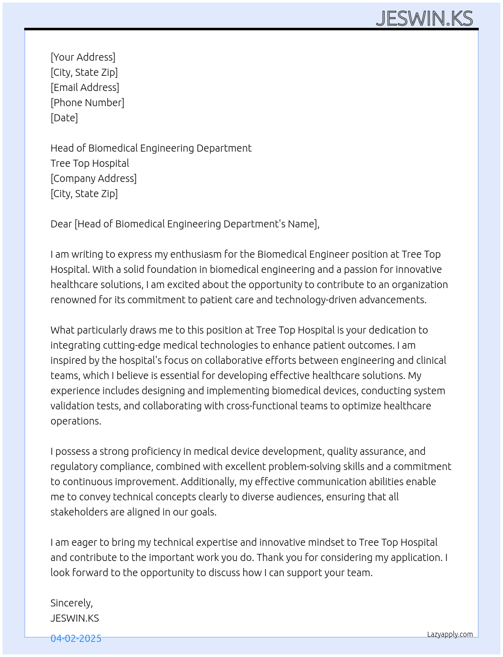 Biomedical engineer At Tree Top Hospital Cover Letter