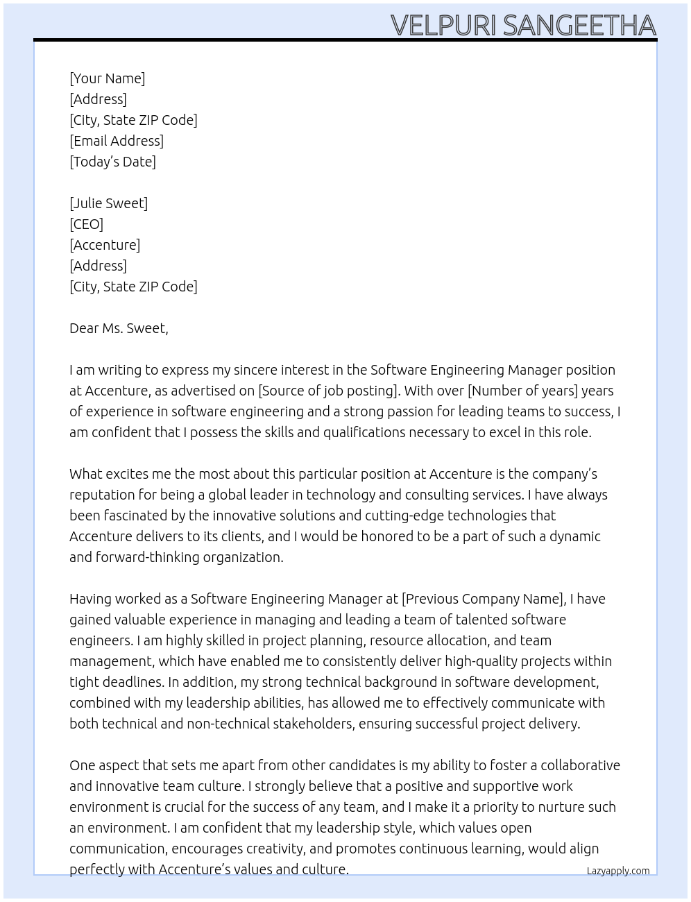 Software Engineering Manager At ACCENTURE Cover Letter