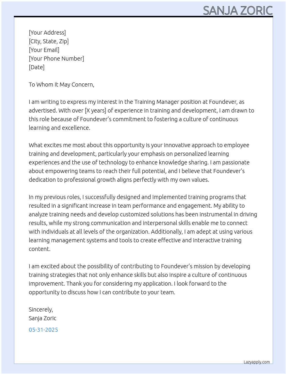Cover letter for training manager - LazyApply