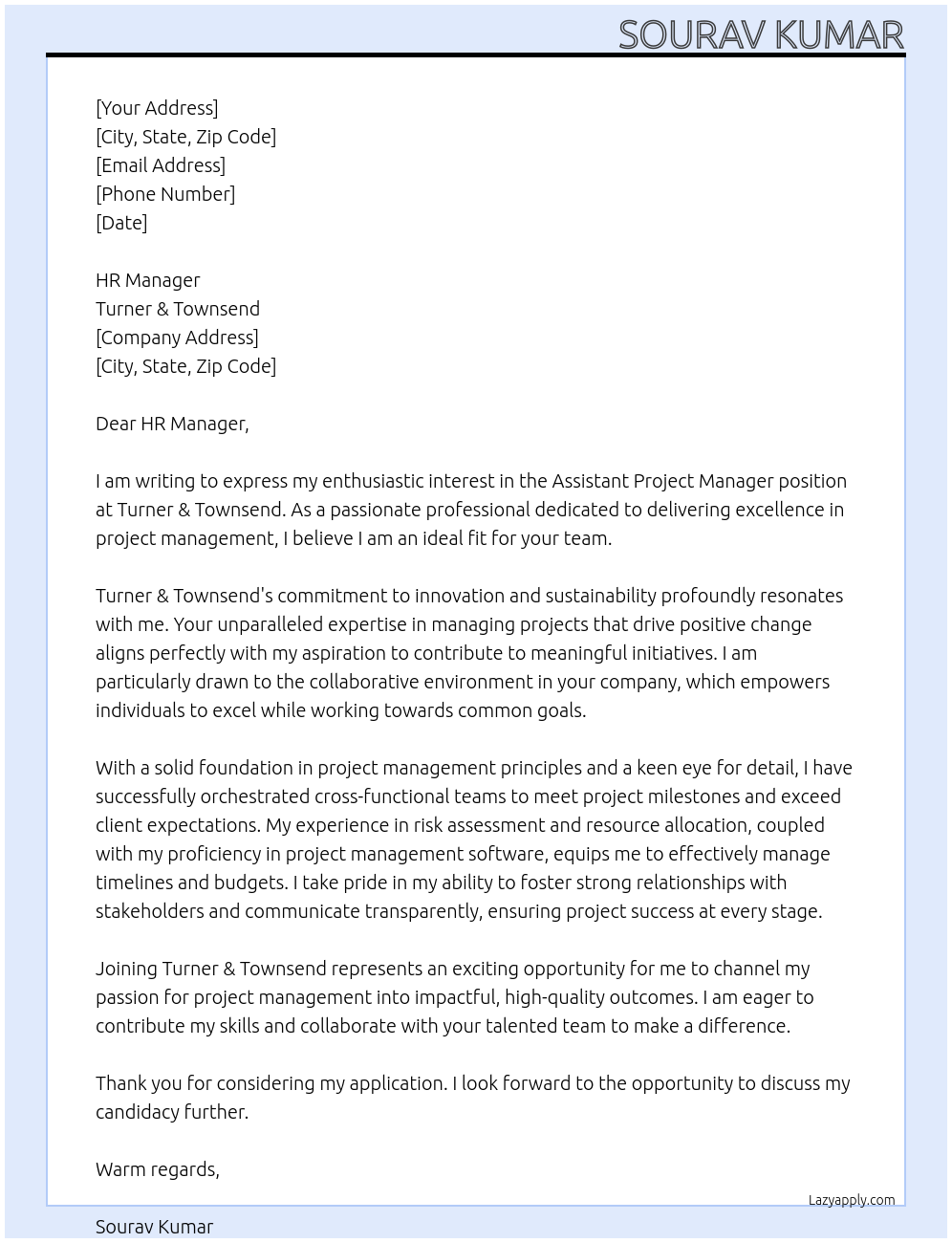 Cover letter for assistant project manager - LazyApply