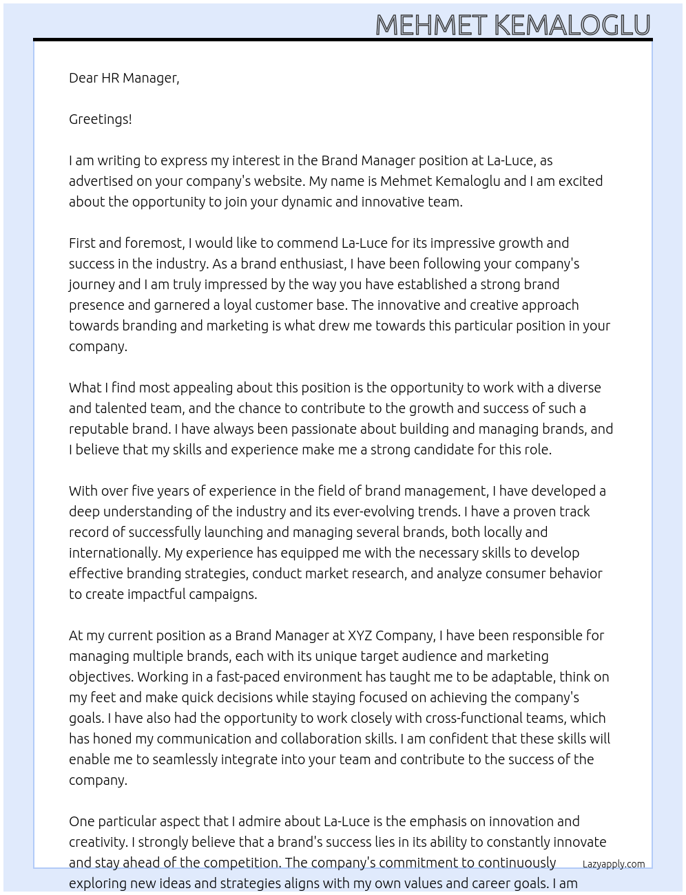 Brand Manager At La-Luce Cover Letter