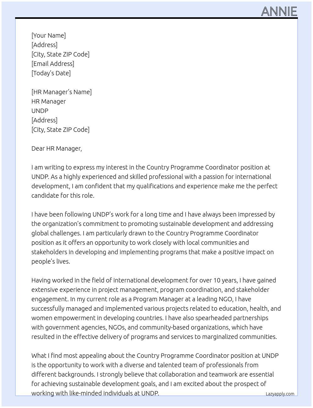 Country Programme Coordinator At UNDP Cover Letter