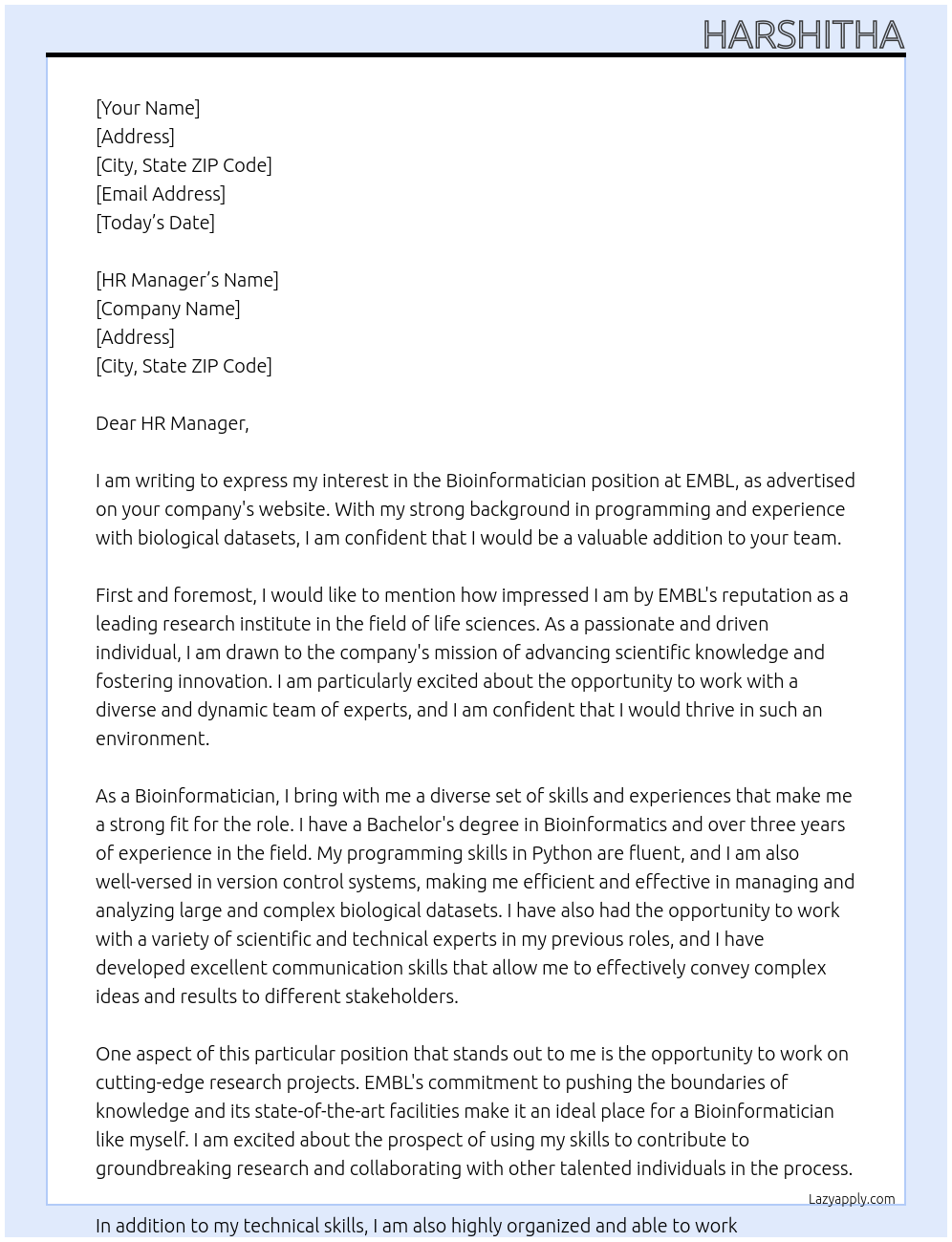 Bioinformatician At EMBL Cover Letter