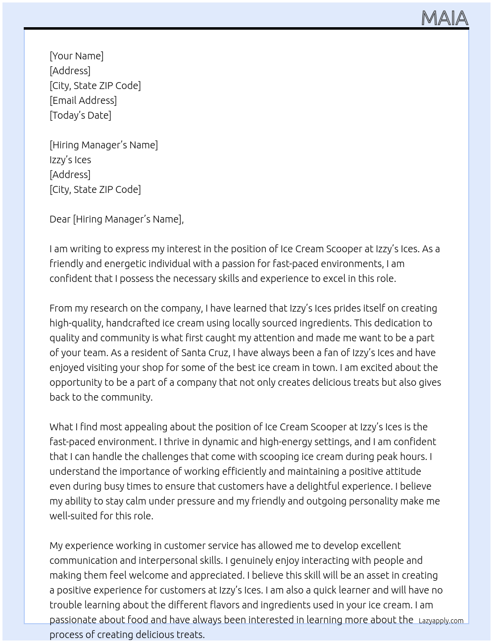 ice cream scooper At izzy's ices Cover Letter