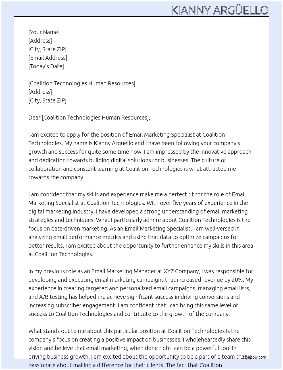 Email Marketing Specialist  At Coalition Technologies Cover Letter