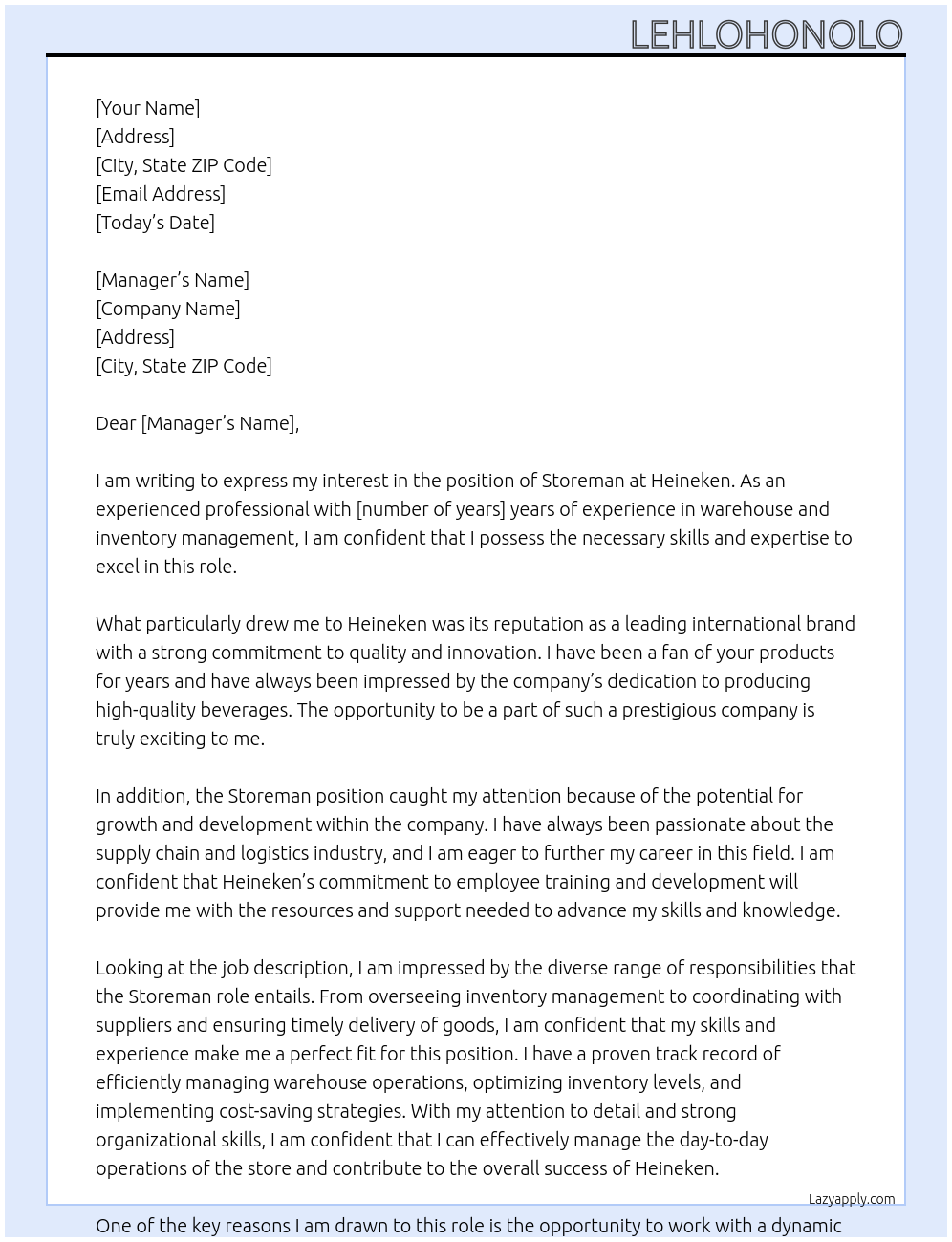 Storeman At Heineken Cover Letter