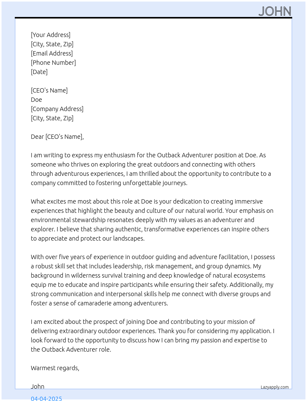 outback adventurer At Doe Cover Letter