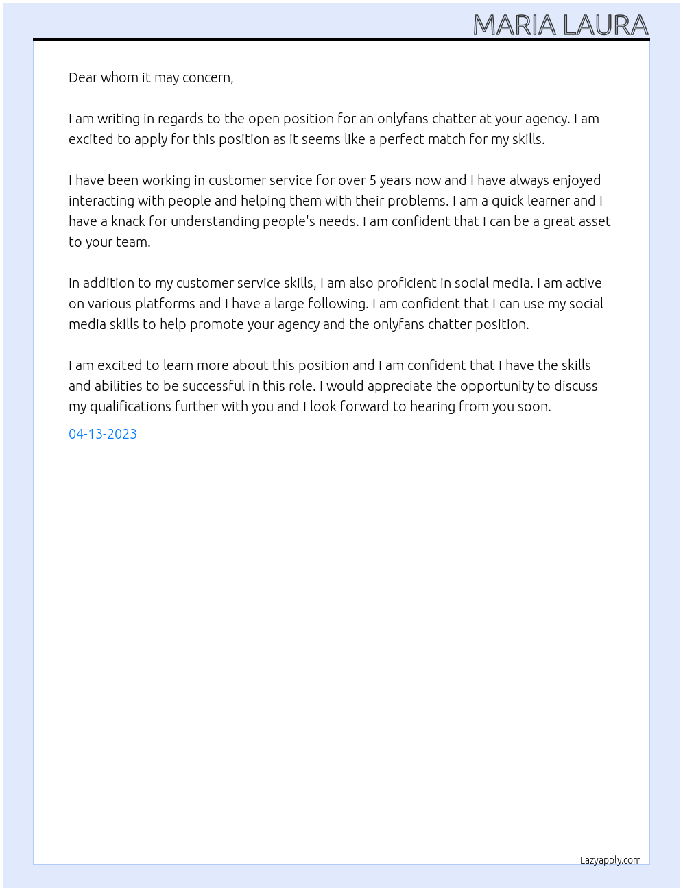 onlyfans chatter At your agency Cover Letter