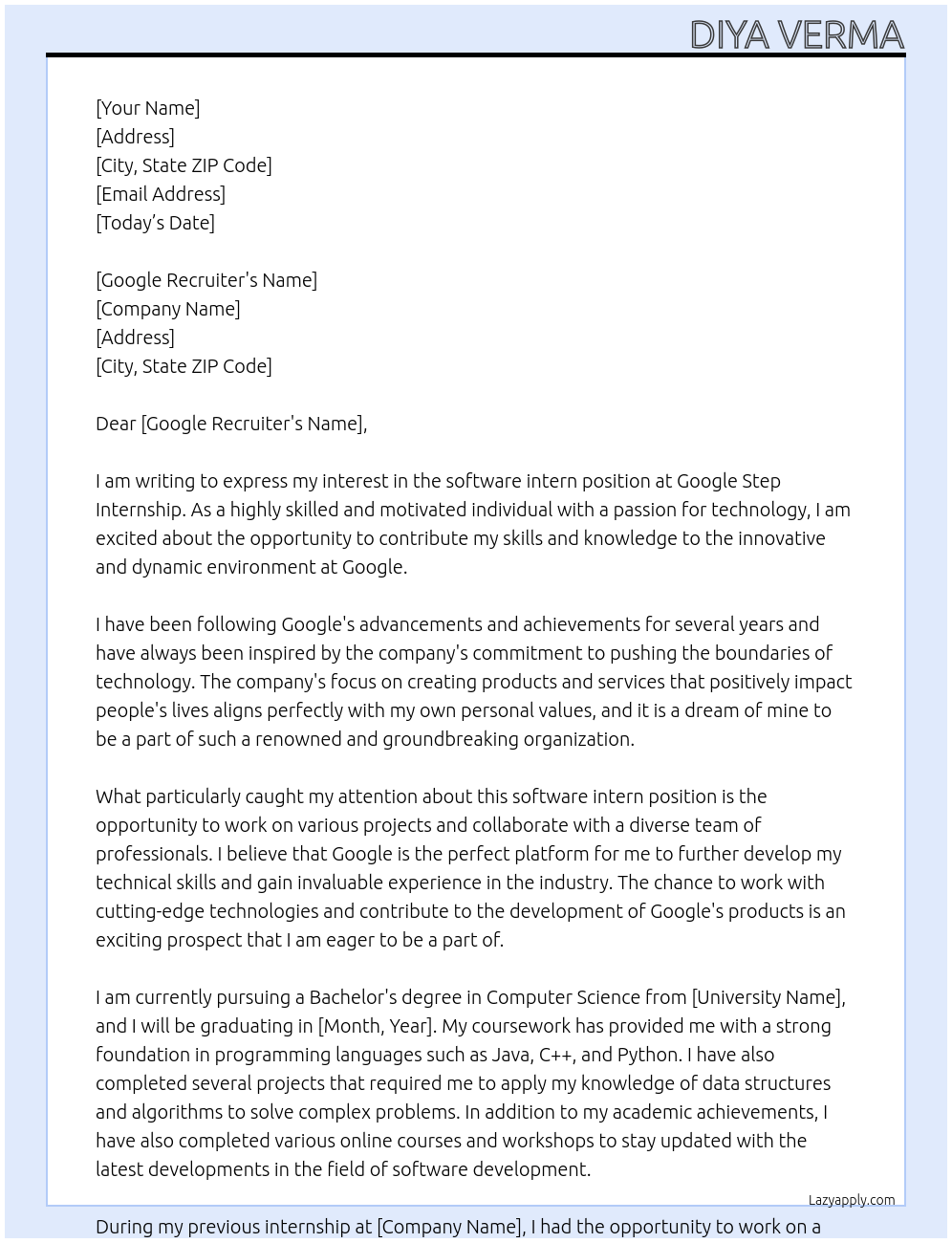 software intern At google step internship Cover Letter