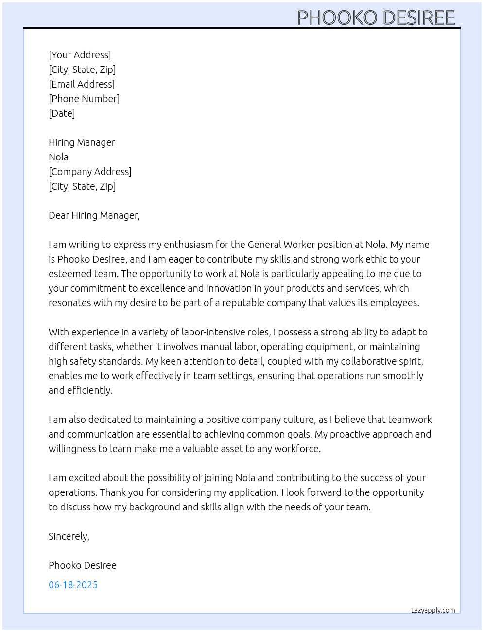 General worker At Nola Cover Letter
