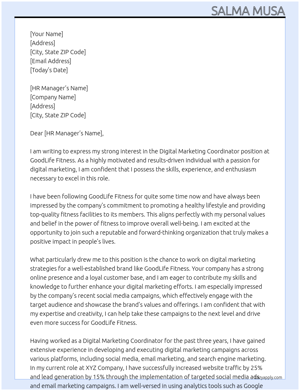 Digital Marketing Coordinator At GoodLife Fitness Cover Letter